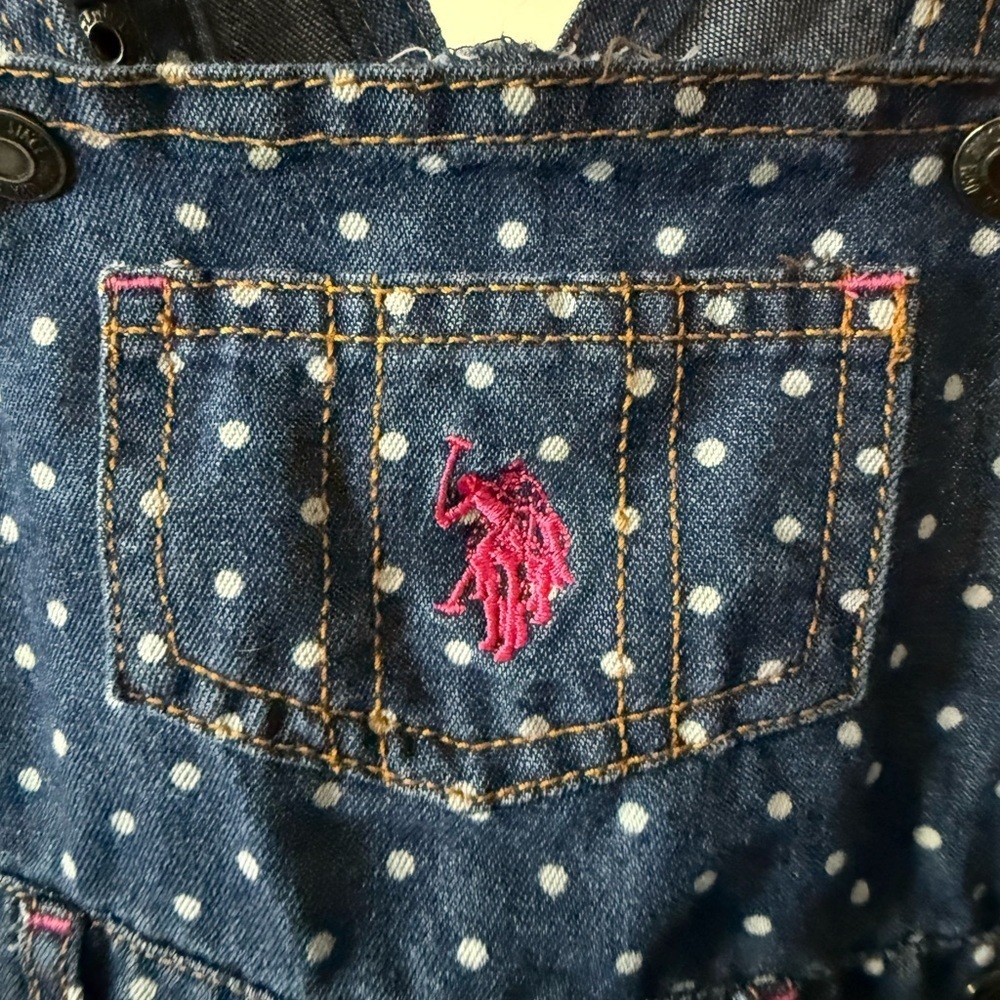 U.S. Polo Girls 12 months Polka Dot Bib Overall Dress Ruffle Hem Dark Wash Denim - Picture 6 of 10
